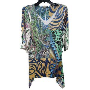 R. Rouge Womens Wearable Art Tunic Top Large Abstract Rhinestones 3/4 Sleeve